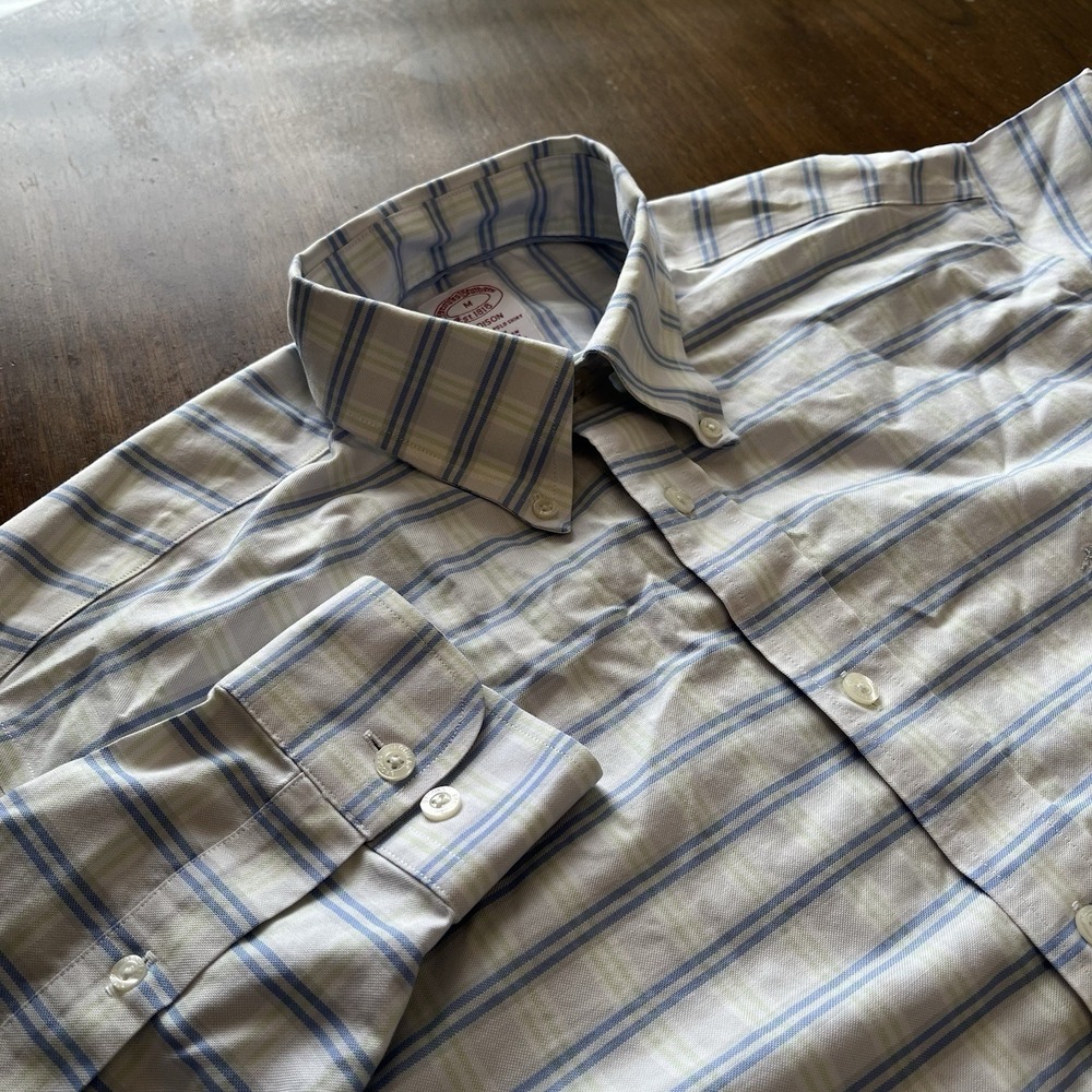 Brooks Brothers Dress Shirt Mens M White Blue Plaid Madison OCBD Supima Cotton